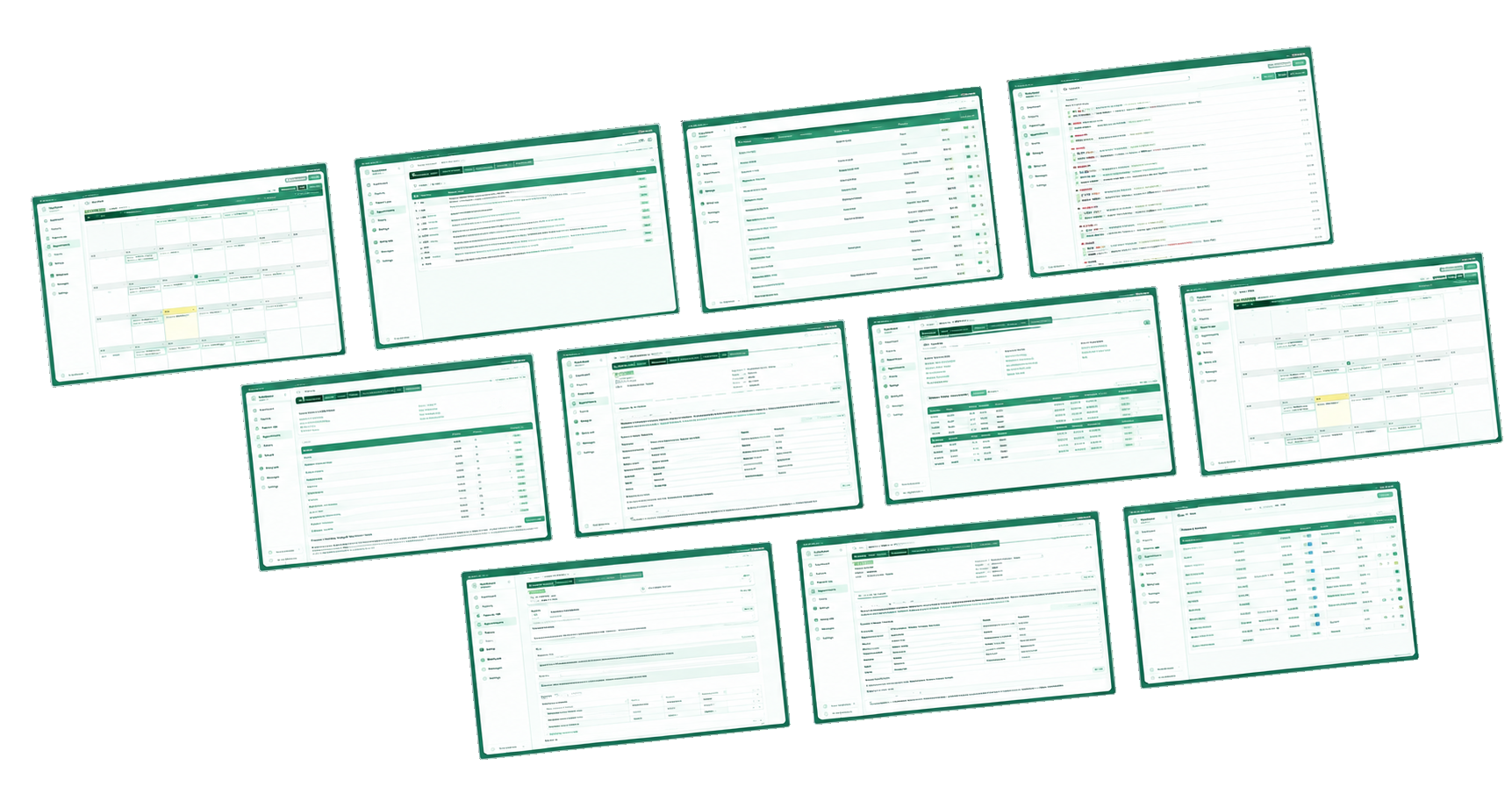 Screens from the PrimeMedCure EHR: schedule, patient list, claims and charting